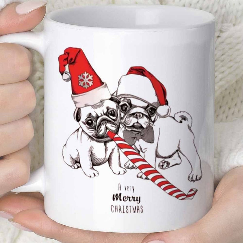 Tailorly White Ceramic 11 oz Mug - A Very Merry Christmas Two Festive Pugs Wearing Red Santa Hats With Striped Horn Pug