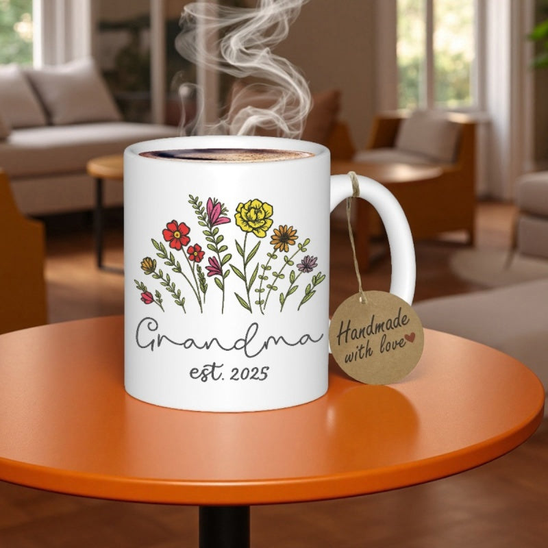Tailorly White Ceramic 11 oz Mug - Grandma Est 2025 Colorful Hand Drawn Vibrant Garden Plants Blooming Elegantly Among Green Leaves Wildflower