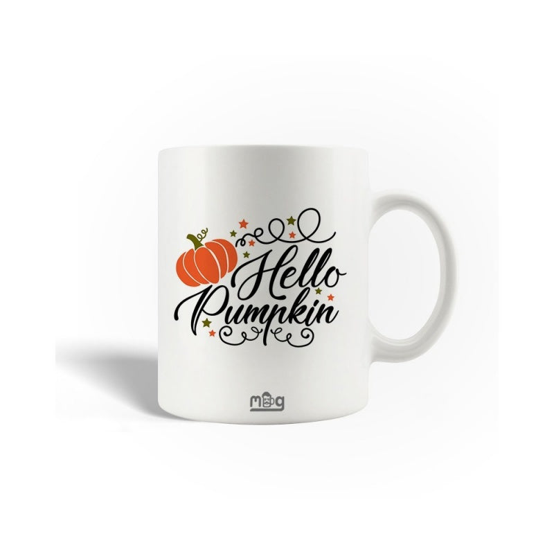 Tailorly White Ceramic 11 oz Mug - Hello Pumpkin Elegant Black Cursive Text With Small Vibrant Orange Harvest Pumpkin