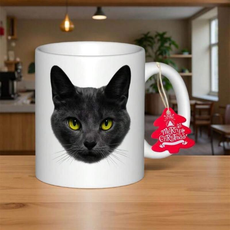 Tailorly White Ceramic 11 oz Mug - Merry Christmas Realistic Black Cat With Piercing Yellow Eyes Set Against White Background Cat