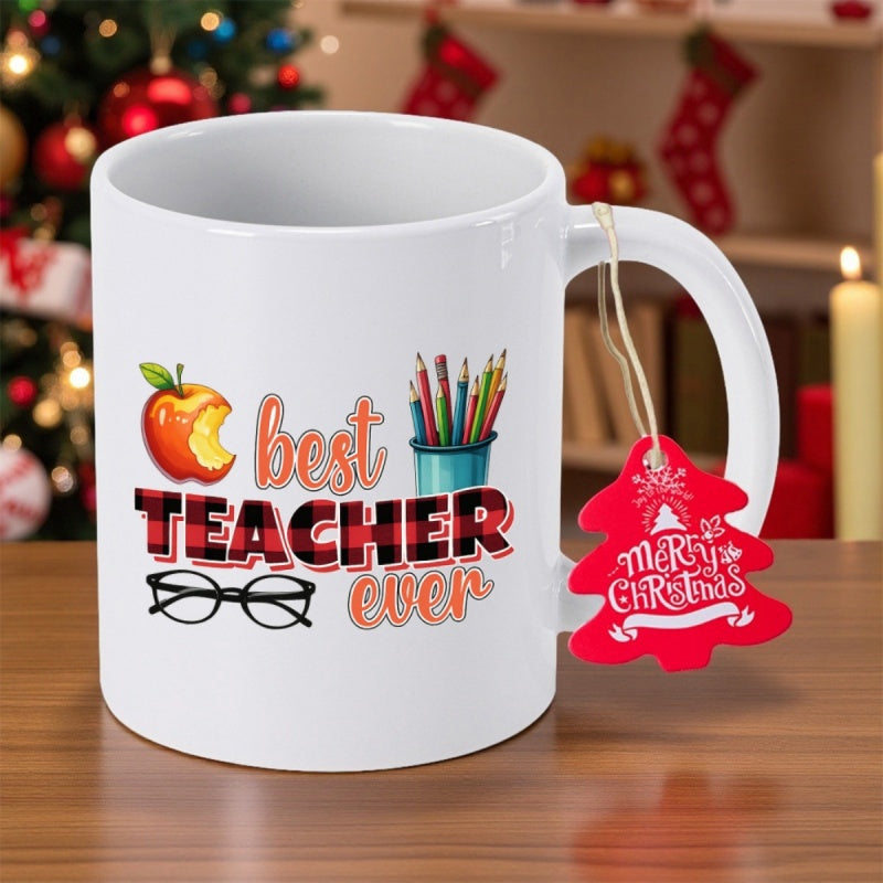 Tailorly White Ceramic 11 oz Mug - Best Teacher Ever Merry Christmas Educational Icons With Red Plaid Letters And Ripe Apple Mug