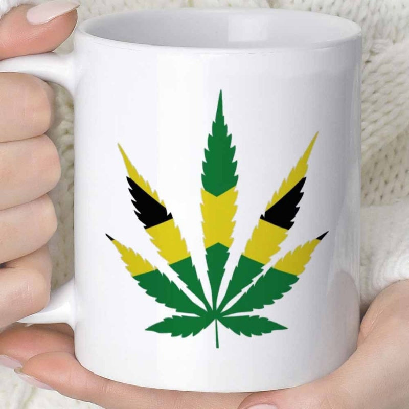 Tailorly White Ceramic 11 oz Mug - Stylized Herbal Leaf Pattern Featuring Vibrant Green Yellow And Black Colors Leaf