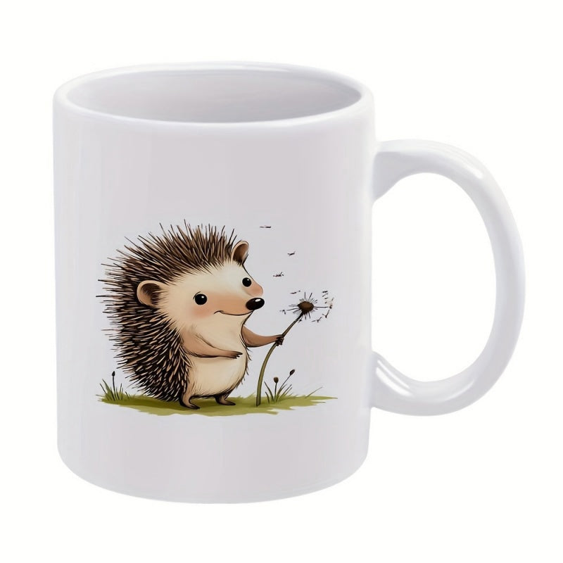 Tailorly White Ceramic 11 oz Mug - Adorable Little Creature Standing On Green Grass Holding A Delicate Dandelion Hedgehog
