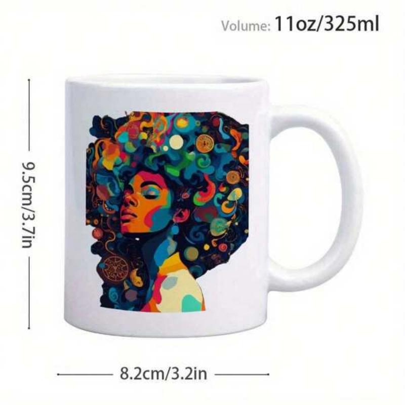 Tailorly White Ceramic 11 oz Mug - Vibrant Colorful Abstract Pattern Within Silhouette Of Majestic Afro Hair Woman