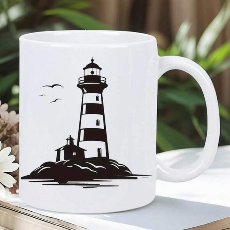 Tailorly White Ceramic 11 oz Mug - Minimalist Black Silhouette Of A Coastal Beacon Standing Atop Rocky Island Lighthouse
