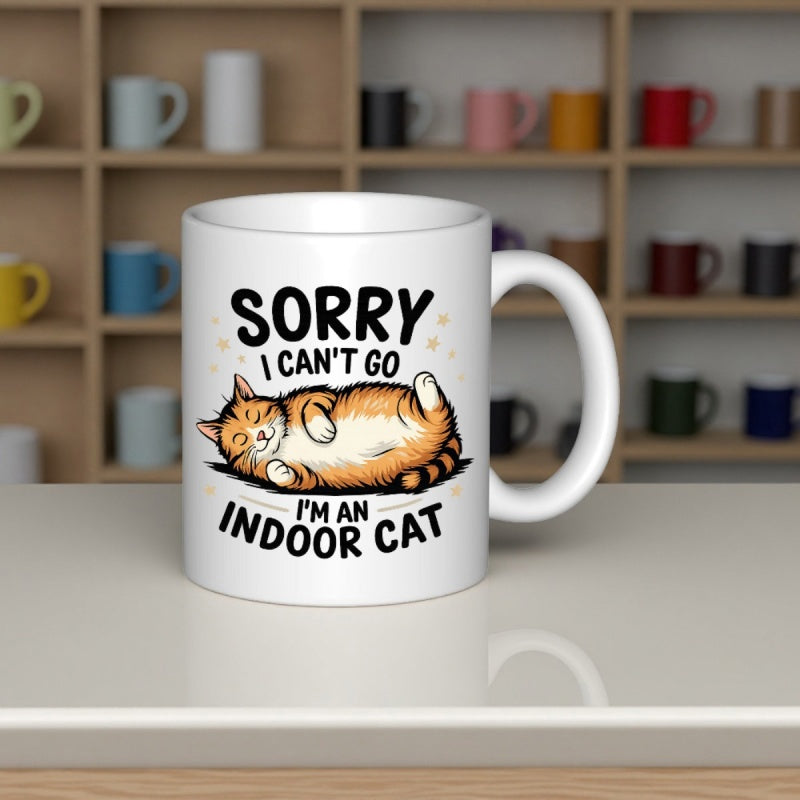 Tailorly White Ceramic 11 oz Mug - Sorry I Cant Go Im An Indoor Cat Chubby Orange Tabby Cat Resting Comfortably On Its Fluffy Back Cat
