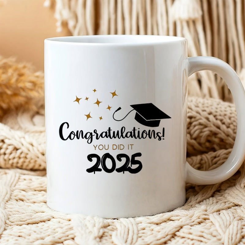 Tailorly White Ceramic 11 oz Mug - Congratulations You Did It 2025 Elegant Graduation Cap With Floating Golden Decorative Stars Mug