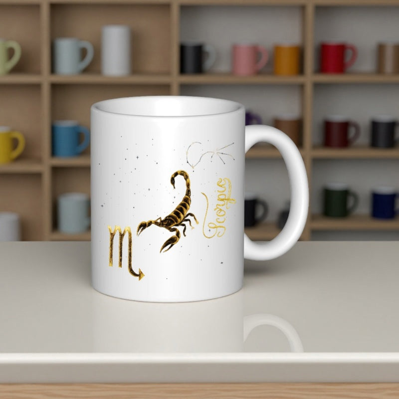 Tailorly White Ceramic 11 oz Mug - Scorpio Golden Zodiac Constellation Design With Detailed Metallic Stinging Scorpion