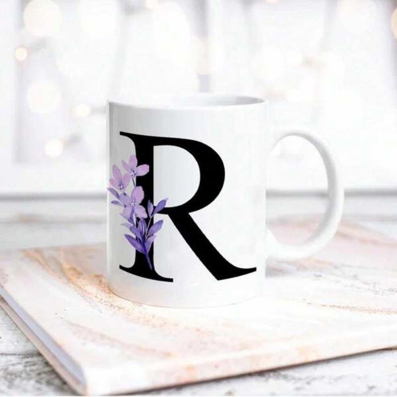 Tailorly White Ceramic 11 oz Mug - R Elegant Black Serif Initial Decorated With Delicate Purple Blooming Flowers Letter