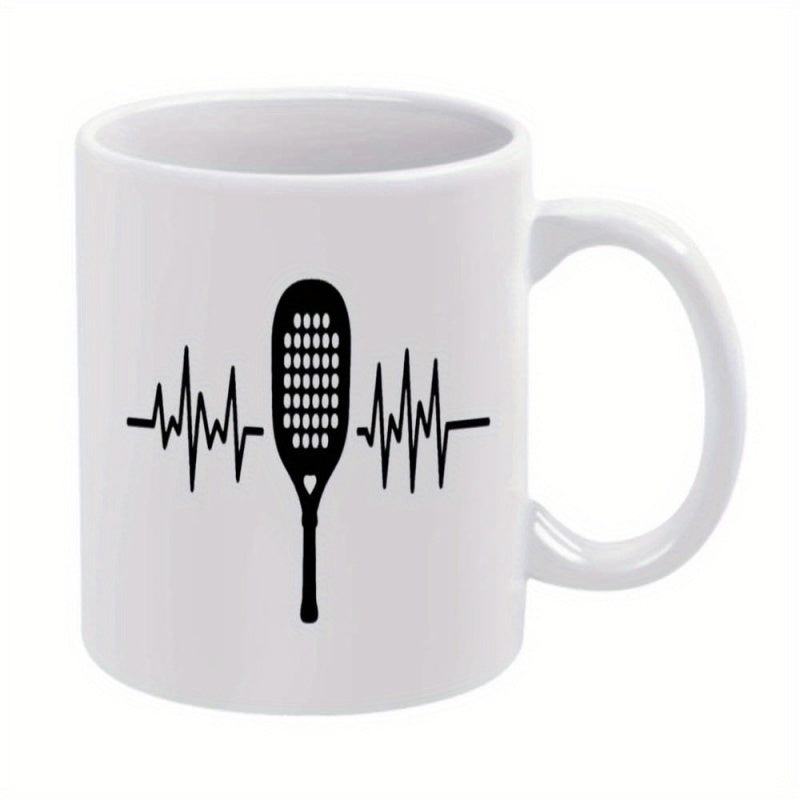 Tailorly White Ceramic 11 oz Mug - Minimalist Heartbeat Line Combined With A Textured Silhouette Sport Padel Racket