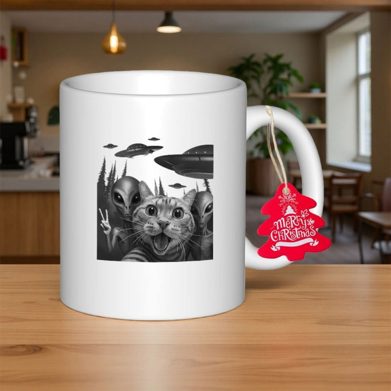 Tailorly White Ceramic 11 oz Mug - Merry Christmas Playful Cat Taking A Selfie With Space Aliens And UFOs Cat