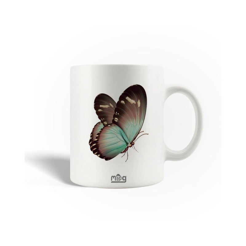 Tailorly White Ceramic 11 oz Mug - Vibrant Teal And Brown Wings Adorned With Delicate White Spots Butterfly