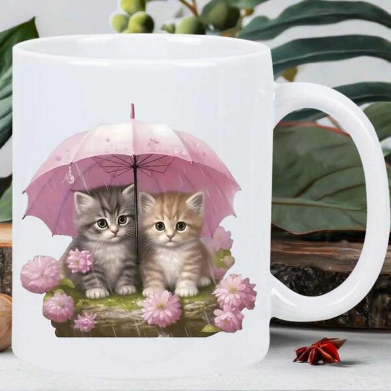 Tailorly White Ceramic 11 oz Mug - Adorable Fluffy Kittens Sheltered Under A Beautiful Pink Floral Umbrella Kitten
