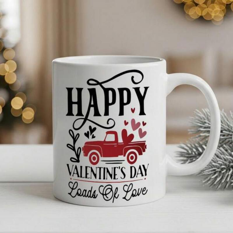 Tailorly White Ceramic 11 oz Mug - Happy Valentines Day Loads Of Love Vintage Red Pickup Truck Carrying Hearts Among Decorative Swirls And Leaves Truck
