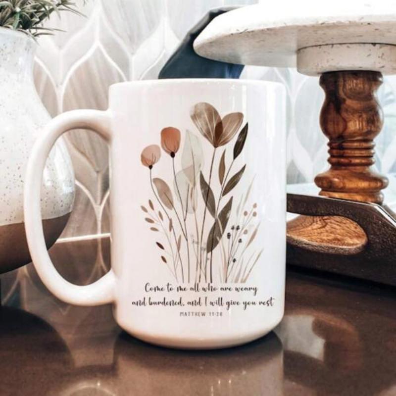 Tailorly White Ceramic 11 oz Mug - Come To Me All Who Are Weary And Burdened And I Will Give You Rest Matthew 11 28 Delicate Watercolor Wildflowers And Grasses