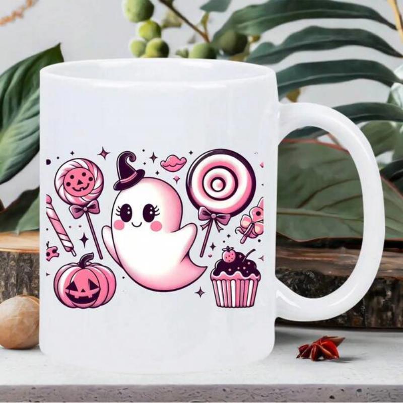 Tailorly White Ceramic 11 oz Mug - Cute Pink Halloween Treats Surrounded By Lollipops And Jack O Lantern Ghost