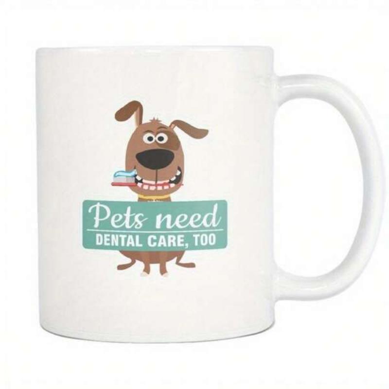 Tailorly White Ceramic 11 oz Mug - Pets Need Dental Care Too Happy Cartoon Brown Dog Holding Small Toothbrush Behind Teal Slogan Banner Dog