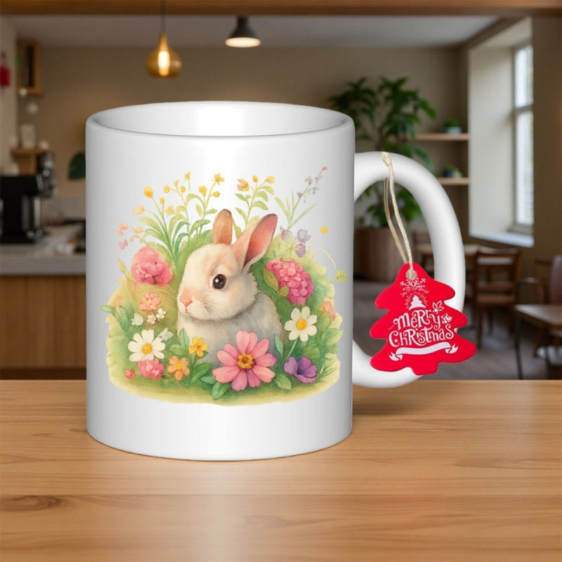 Tailorly White Ceramic 11 oz Mug - Merry Christmas Adorable Watercolor Bunny Nestled Within Vibrant Garden Blossoms Rabbit