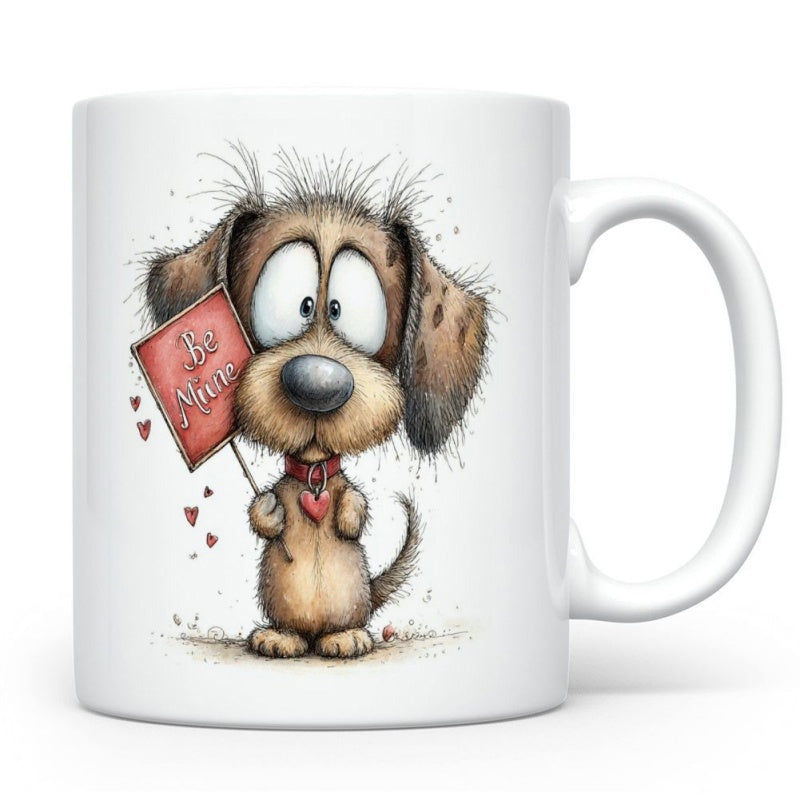 Tailorly White Ceramic 11 oz Mug - Be Mine Adorable Shaggy Puppy Holding A Love Sign With Red Hearts Dog