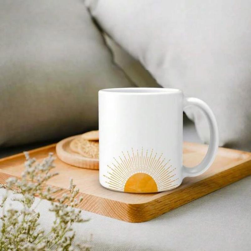 Tailorly White Ceramic 11 oz Mug - Minimalist Radiant Golden Sun Rays Rising From The Horizon Line Sun