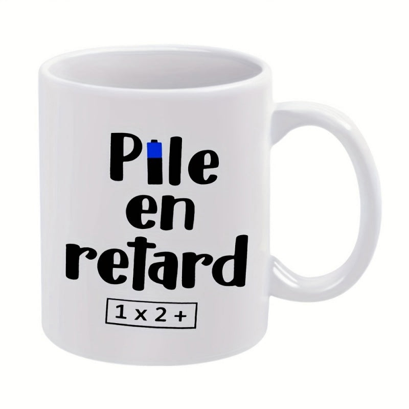Tailorly White Ceramic 11 oz Mug - Minimalist Linear Design Featuring A Single Battery With Blue Power Indicator Battery
