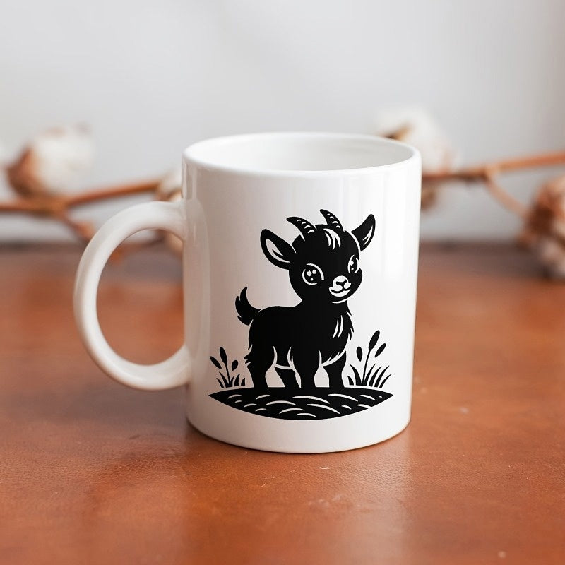 Tailorly White Ceramic 11 oz Mug - Charming Black Silhouette Standing Among Small Reeds On Grassy Patch Goat