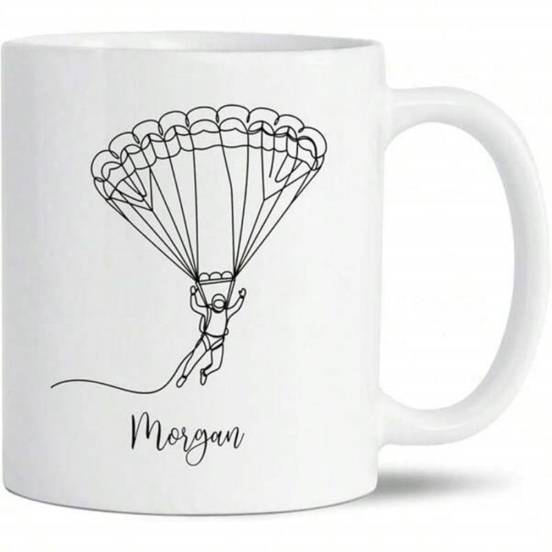 Tailorly White Ceramic 11 oz Mug - Morgan Simple Minimalist Line Art Of A Person Paragliding Through The Air Skydiver