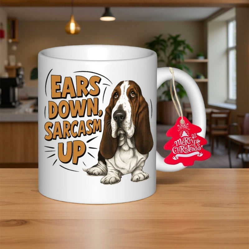 Tailorly White Ceramic 11 oz Mug - Ears Down Sarcasm Up Charming Hand Drawn Sitting Dog With Long Droopy Brown Ears Basset Hound