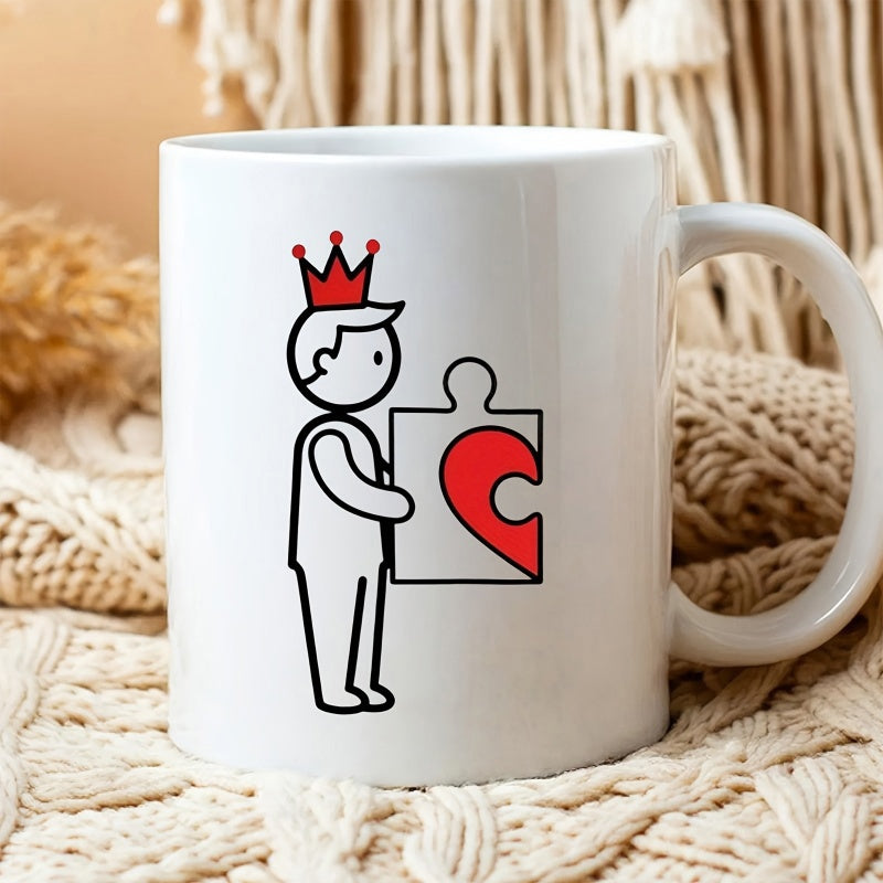 Tailorly White Ceramic 11 oz Mug - Minimalist Style Line Art Featuring Royal Crown Holding Red Heart Puzzle Prince