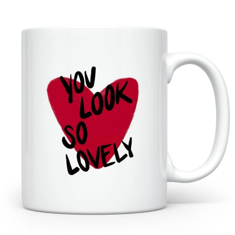 Tailorly White Ceramic 11 oz Mug - You Look So Lovely Handwritten Style Script On Vibrant Red Minimalist Decorative Background Heart