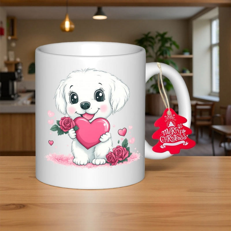 Tailorly White Ceramic 11 oz Mug - Merry Christmas Adorable Fluffy White Dog Holding A Pink Heart Among Red Roses Puppy