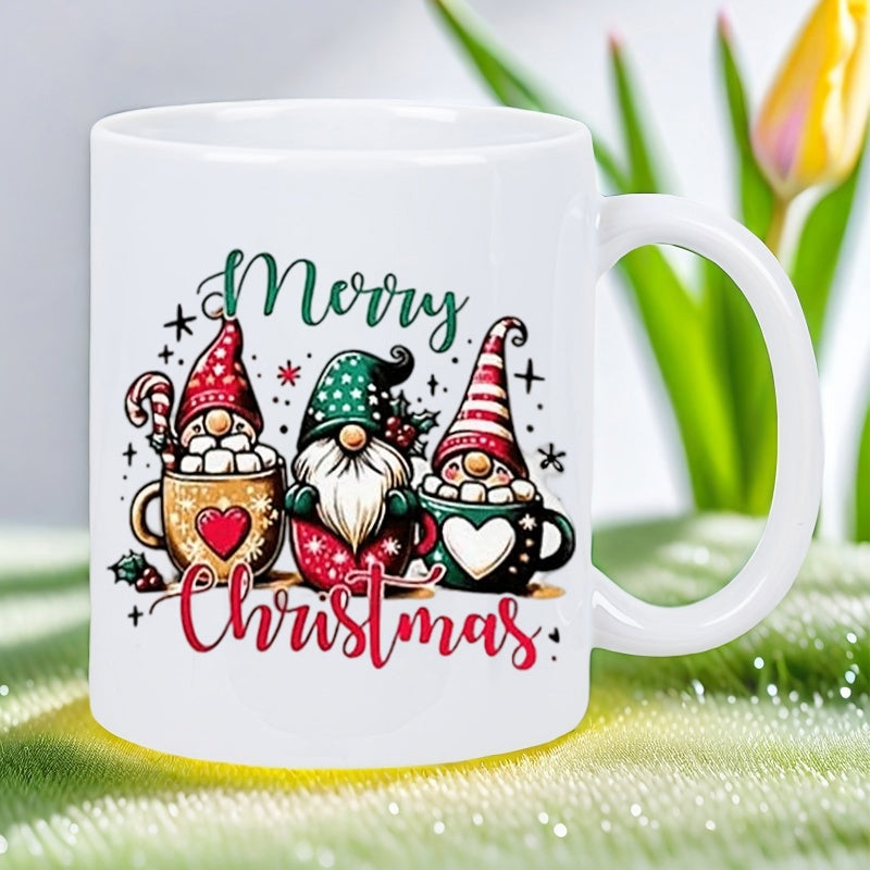 Tailorly White Ceramic 11 oz Mug - Merry Christmas Three Whimsical Festive Gnomes Sitting Inside Decorative Hot Cocoa Mugs Gnome