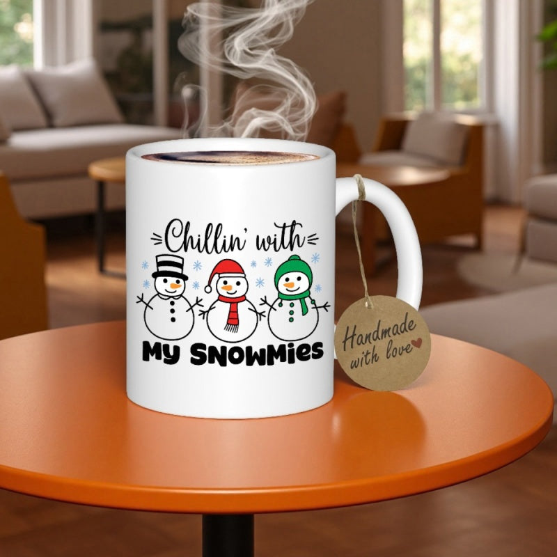 Tailorly White Ceramic 11 oz Mug - Chillin With My Snowmies Three Friendly Winter Snowmen Wearing Colorful Hats Among Delicate Blue Snowflakes Snowman