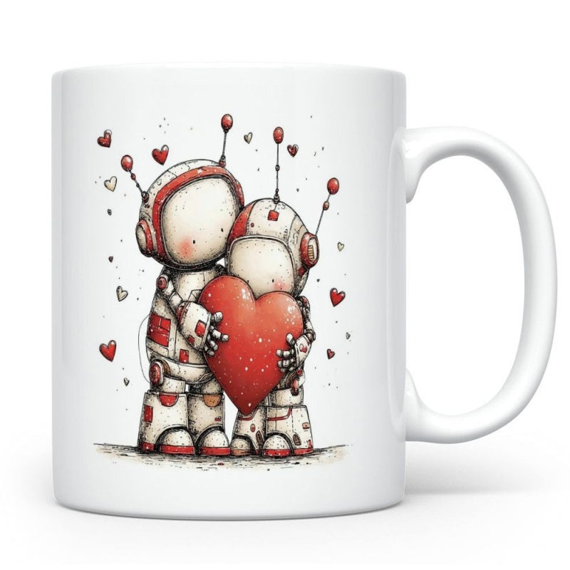 Tailorly White Ceramic 11 oz Mug - Adorable Tiny Space Astronaut Figures Holding Glowing Red Heart Among Hearts Robot