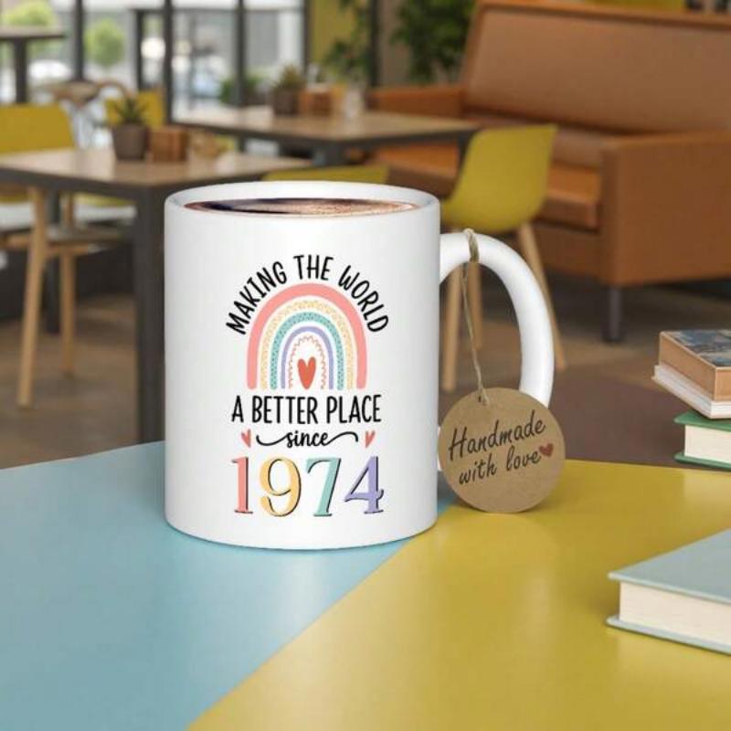 Tailorly White Ceramic 11 oz Mug - Making The World A Better Place Since 1974 Colorful Boho Style Arches With Small Heart Under Inspirational Text Rainbow