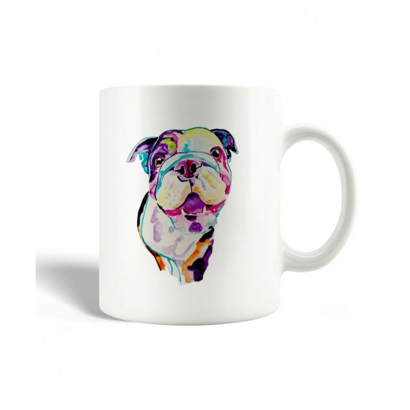 Tailorly White Ceramic 11 oz Mug - Colorful Artistic Watercolor Painting Style Featuring A Cute Short Haired English Bulldog
