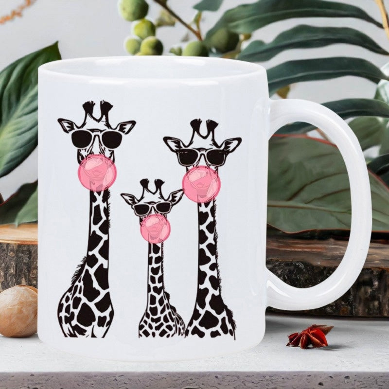 Tailorly White Ceramic 11 oz Mug - Three Whimsical Spotted Animals Wearing Cool Sunglasses Blowing Pink Bubblegum Giraffes