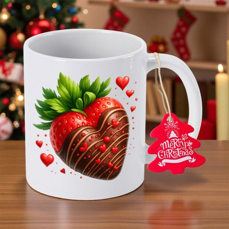 Tailorly White Ceramic 11 oz Mug - Merry Christmas Chocolate Dipped Heart Shaped Red Fruit With Green Leaves And Small Hearts Strawberry