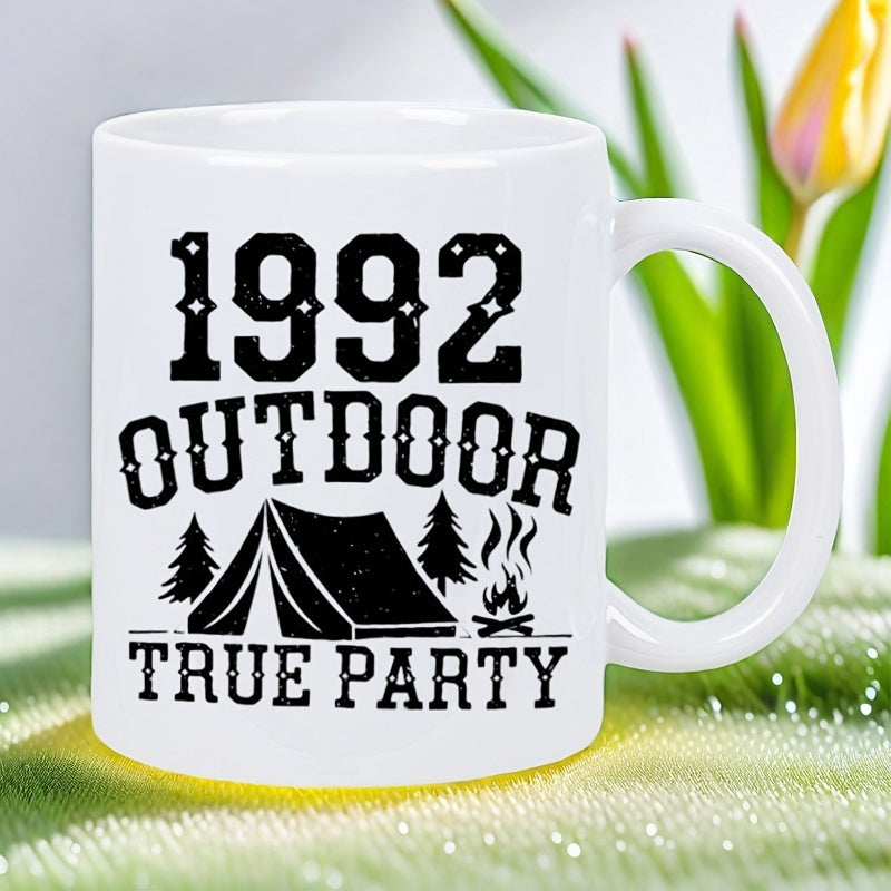 Tailorly White Ceramic 11 oz Mug - 1992 Outdoor True Party Vintage Camping Adventure With Pine Trees And Smoking Campfire Tent
