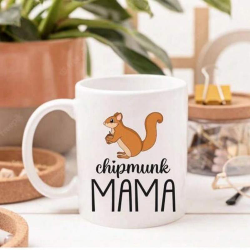 Tailorly White Ceramic 11 oz Mug - Chipmunk Mama Adorable Brown Animal Holding A Small Acorn Sitting On White Chipmunk