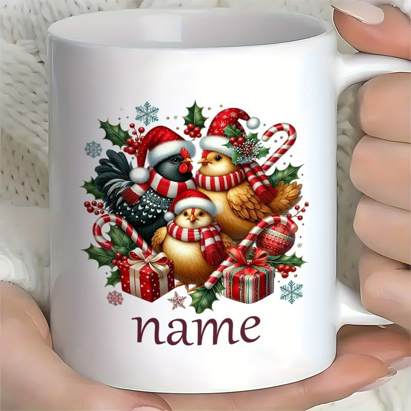 Tailorly White Ceramic 11 oz Mug - Name Festive Christmas Chickens Wearing Red Santa Hats Among Wrapped Presents And Holly Chicken