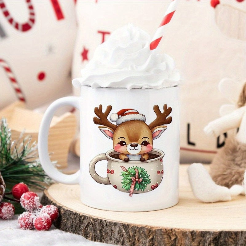 Tailorly White Ceramic 11 oz Mug - Cute Festive Character Wearing Red Santa Hat Inside Small Decorative Mug Reindeer
