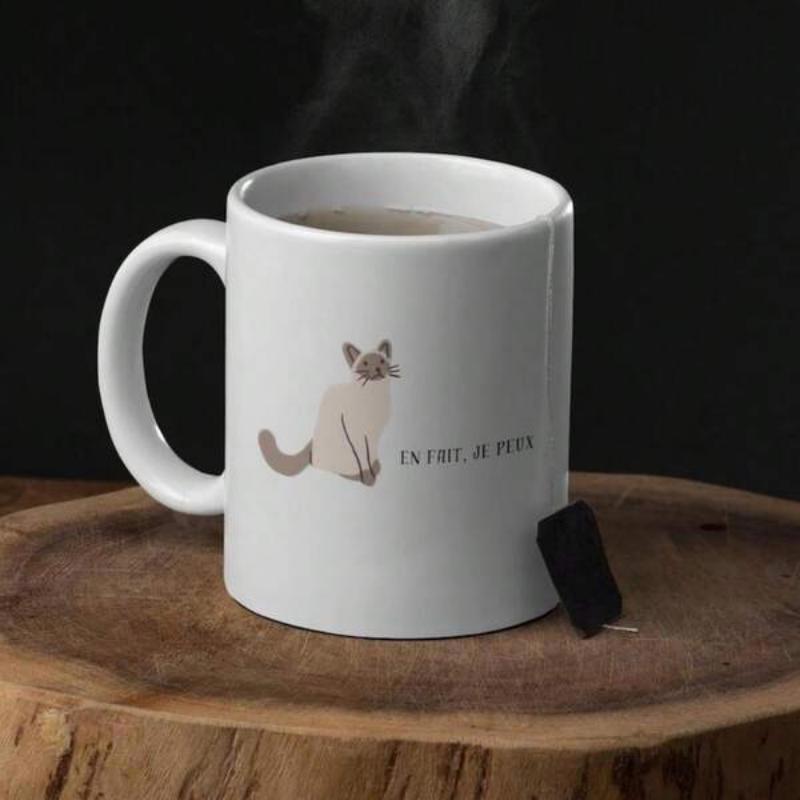 Tailorly White Ceramic 11 oz Mug - In The Peek Elegant Siamese Feline Sitting Quietly Beside Minimalist Descriptive Text Cat
