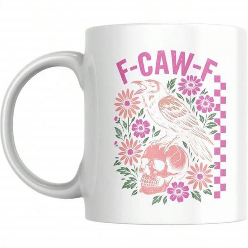 Tailorly White Ceramic 11 oz Mug - F Caw F Hand Drawn Aesthetic With Blooming Pink Flowers Perched Atop A Skull Crow