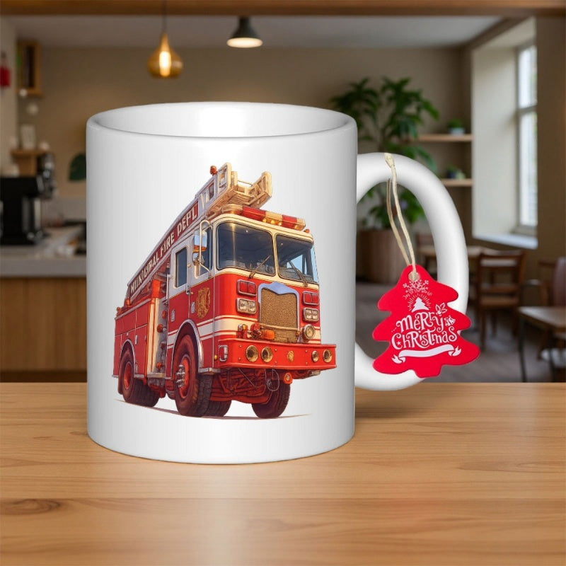 Tailorly White Ceramic 11 oz Mug - Merry Christmas Bright Red Vintage Style Rescue Vehicle With Extended Ladder Fire Truck