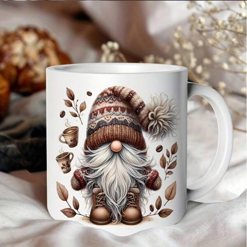 Tailorly White Ceramic 11 oz Mug - Cozy Winter Themed Motif With Coffee Beans And Autumn Leaves Gnome