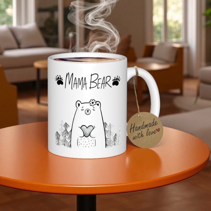 Tailorly White Ceramic 11 oz Mug - Mama Bear Cute Sketch Line Art Animal Surrounded By Tall Evergreen Pine Trees Bear
