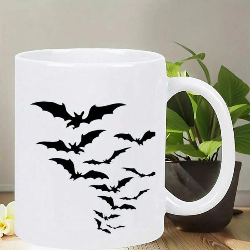 Tailorly White Ceramic 11 oz Mug - Mysterious Black Silhouette Group Flying Through The Quiet Night Sky Bat