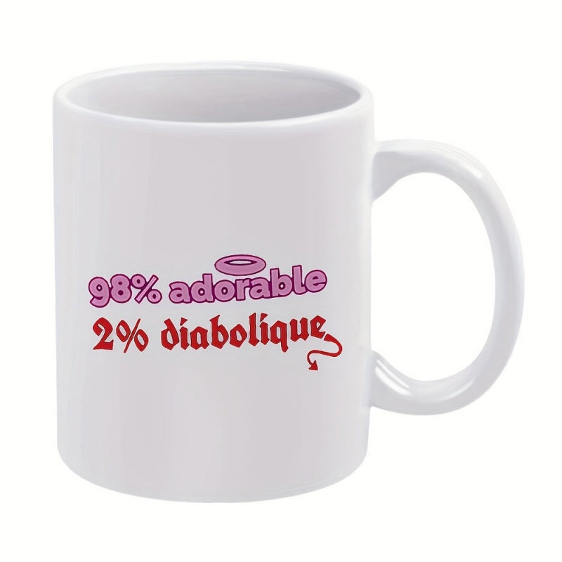 Tailorly White Ceramic 11 oz Mug - 98% Adorable 2% Diabolique Minimalist White Ceramic Background Featuring Pink Halo And Red Devil Tail Mug