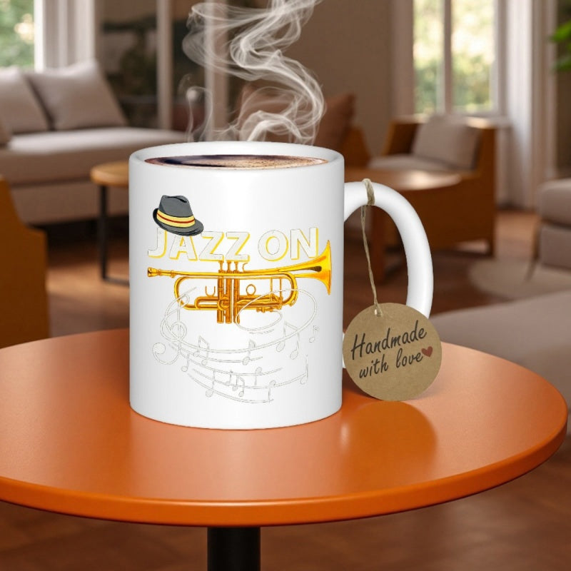 Tailorly White Ceramic 11 oz Mug - Jazz On Golden Musical Instrument With Fedora Hat And Floating Staff Lines Trumpet